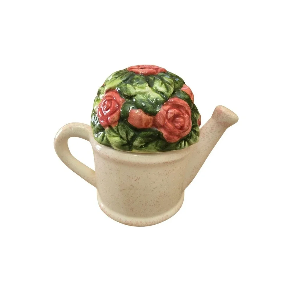 Vintage Nesting Ceramic Watering Can & Flowers Bush Salt And Pepper Shaker Set